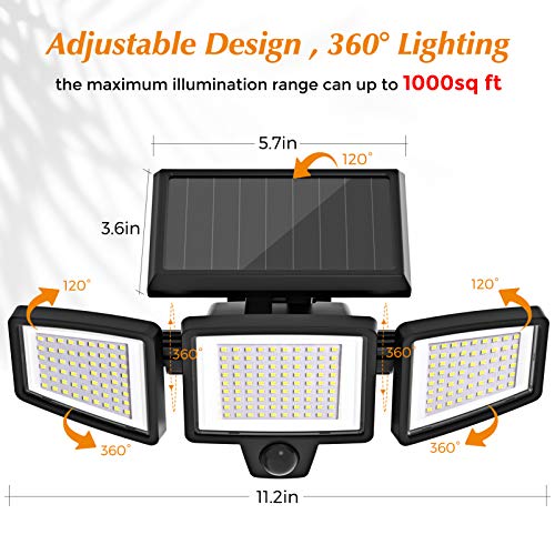 Solar Lights Outdoor, 210 LED 2500LM Solar Flood Security Lights with Motion Sensor Wireless 25FT IP65 Waterproof 3 Heads Spot Flood Wall Lights for Porch Garage Yard Entryways Patio (Black, 2pcs)