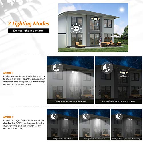 Solar Lights Outdoor, 210 LED 2500LM Solar Flood Security Lights with Motion Sensor Wireless 25FT IP65 Waterproof 3 Heads Spot Flood Wall Lights for Porch Garage Yard Entryways Patio (Black, 2pcs)