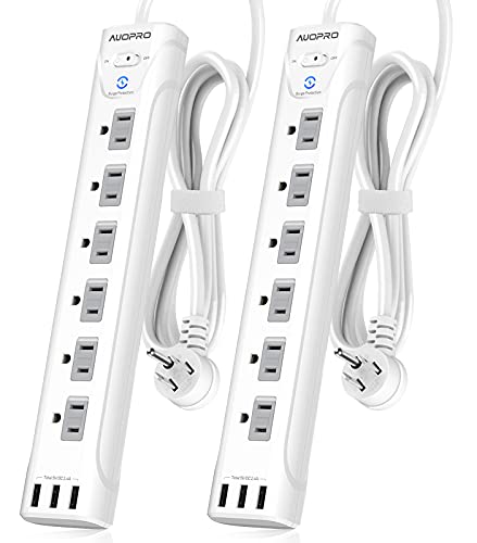 Power Strip Surge Protector 2 Pack - 6 Outlet Power Strip with USB(3 x 2.4A ), Flat Plug Extension Cord with Multiple Outlets, Mountable, 1200 Joules, 5 ft, Slide-to-Close Outlet Covers, White