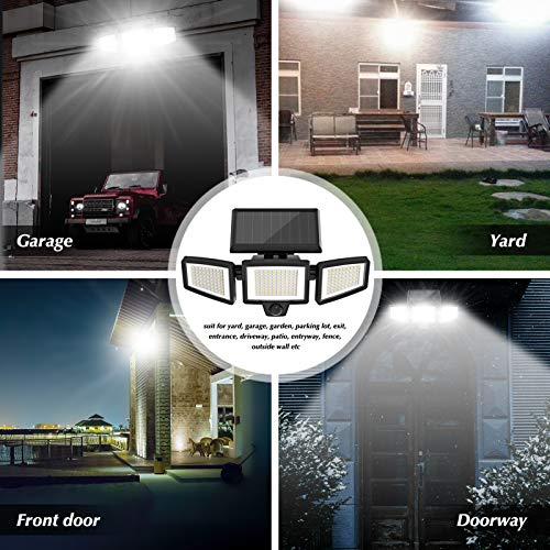 Solar Lights Outdoor, 210 LED 2500LM Solar Flood Security Lights with Motion Sensor Wireless 25FT IP65 Waterproof 3 Heads Spot Flood Wall Lights for Porch Garage Yard Entryways Patio (Black, 2pcs)