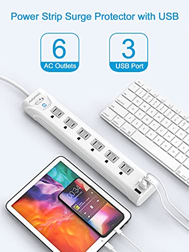 Power Strip Surge Protector 2 Pack - 6 Outlet Power Strip with USB(3 x 2.4A ), Flat Plug Extension Cord with Multiple Outlets, Mountable, 1200 Joules, 5 ft, Slide-to-Close Outlet Covers, White
