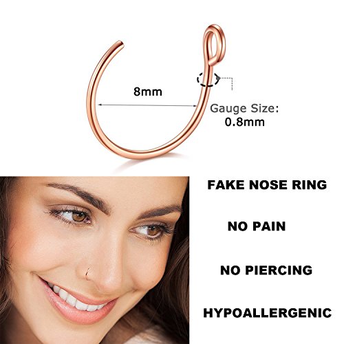 D.Bella Fake Nose Ring Hoop, 20G Rose Gold Fake Nose Ring 8mm for Faux Lip Septum Nose Ring Set Faux Piercing Jewelry