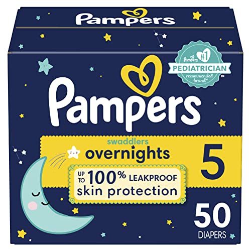 Pampers Diapers Size 5, 50 Count - Swaddlers Overnights Disposable Baby Diapers, Super Pack (Packaging May Vary)