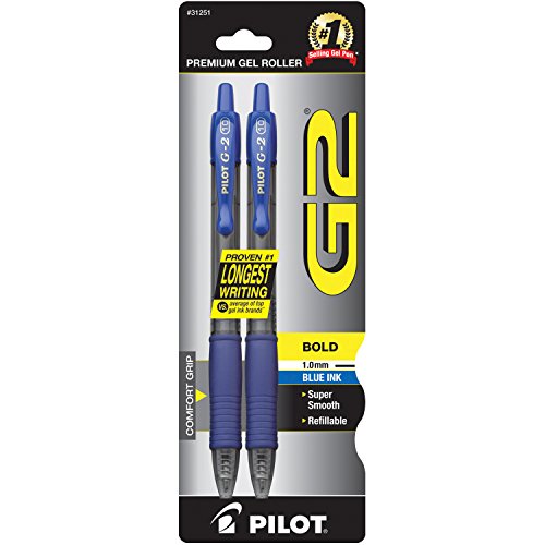 Pilot G2 Retractable Premium Gel Ink Roller Ball Pens, Bold Point, 2-Pack, Blue Ink (31251)
