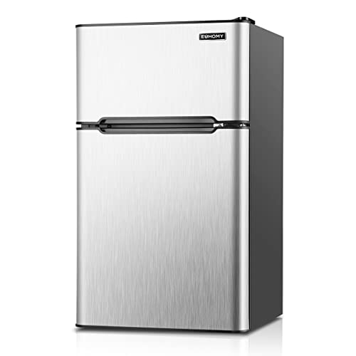 Euhomy Mini Fridge with Freezer, 3.2 Cu.Ft Compact Refrigerator with freezer, 2 Door Mini Fridge with freezer, Upright for Dorm, Bedroom, Office, Apartment- Food Storage or Drink Beer, Silver