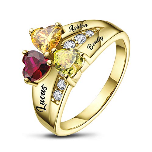 BAUMA Mothers Ring Personalized Sterling Silver Mothers Rings Family Ring with 3 Simulated Birthstones for Grandmother Mother Meaningful Anniversary Rings (Gold, 10)