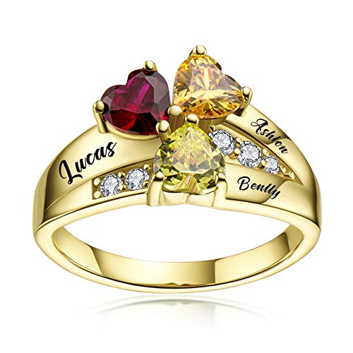 BAUMA Mothers Ring Personalized Sterling Silver Mothers Rings Family Ring with 3 Simulated Birthstones for Grandmother Mother Meaningful Anniversary Rings (Gold, 10)