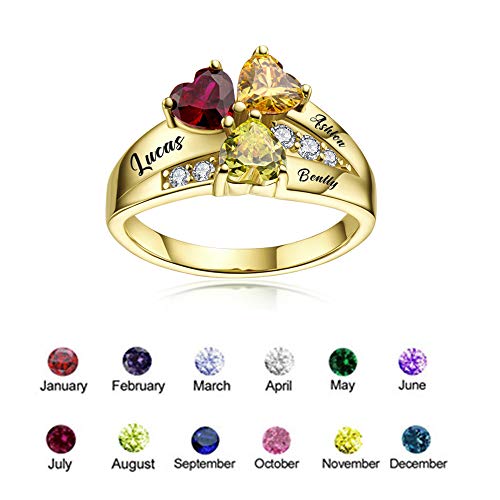 BAUMA Mothers Ring Personalized Sterling Silver Mothers Rings Family Ring with 3 Simulated Birthstones for Grandmother Mother Meaningful Anniversary Rings (Gold, 10)