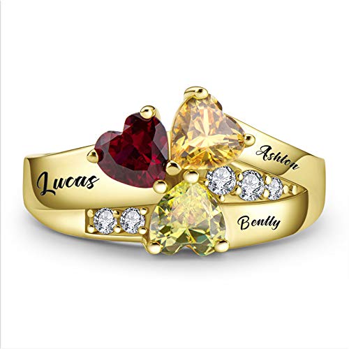 BAUMA Mothers Ring Personalized Sterling Silver Mothers Rings Family Ring with 3 Simulated Birthstones for Grandmother Mother Meaningful Anniversary Rings (Gold, 10)