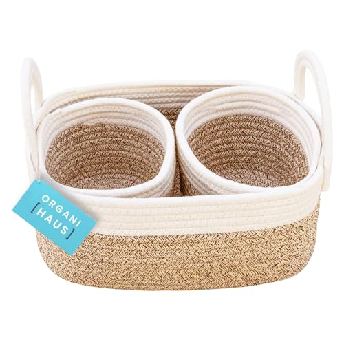 OrganiHaus Set of 3 Mini Woven Cotton Rope Nursery Baskets with Handles, Decorative Baby Room Cute Rustic Basket Storage Organizer Bin for Toys, Diapers, Crafts, Clothes, Laundry - Brown
