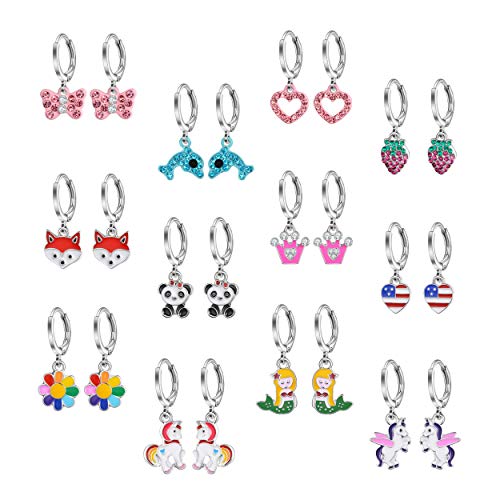 Bevan 12 Pairs Hypoallergenic dangle hoop earrings,Cute Multiple colour fox flower flag dangle hoop earrings for little girls and women