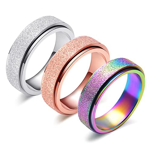 Spinner Ring for Women Anxiety Relief - 3Pcs Fashion 6MM Stainless Steel Sand Blast Glitter Finish Rose Gold Silver Rainbow Color Fidget Ring Band Set Stress Sensory Figit Spin Figet Jewelry Size 5