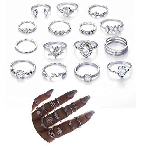 Simsly Vintage Kunckle Ring Stackable Silver Joint Nail Ring Crystal Knuckle Rings Set for Women and Girls?15PCS?