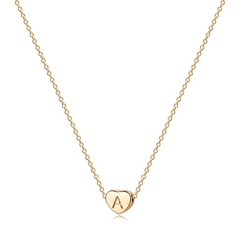 Tiny Gold Initial Heart Necklace-14K Gold Filled Handmade Dainty Personalized Heart Choker Necklace for Women Letter A