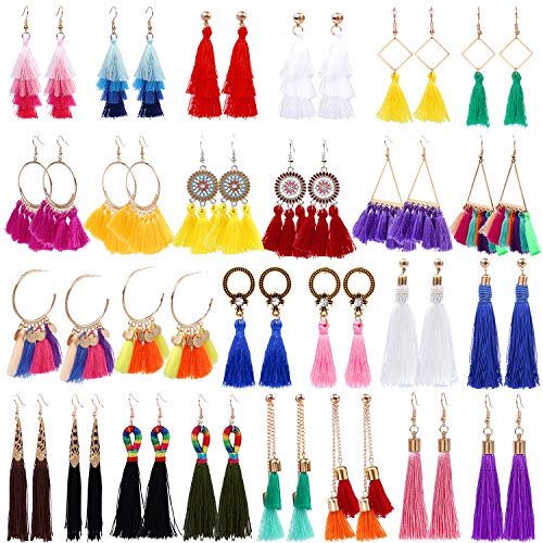 AROIC 26 Pairs Tassel Earrings with Colorful Tassel Long Layered Dangle Hoop Tiered Thread Earrings Set for Women Girls Jewelry Fashion and Valentine Birthday Party Gift