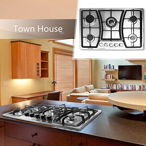 Gas Cooktop 30 inches 5 Burners Gas Stove gas hob stovetop Stainless Steel Cooktop 5 Sealed Burners Cast Iron Grates Built-in Gas Stove Top LPG/NG Gas Cooktop Thermocouple Protection and Easy to Clean