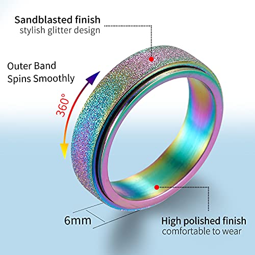 Spinner Ring for Women Anxiety Relief - 3Pcs Fashion 6MM Stainless Steel Sand Blast Glitter Finish Rose Gold Silver Rainbow Color Fidget Ring Band Set Stress Sensory Figit Spin Figet Jewelry Size 5