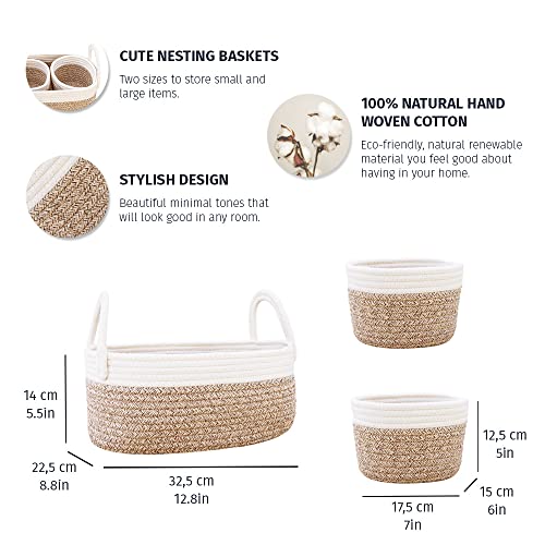 OrganiHaus Set of 3 Mini Woven Cotton Rope Nursery Baskets with Handles, Decorative Baby Room Cute Rustic Basket Storage Organizer Bin for Toys, Diapers, Crafts, Clothes, Laundry - Brown