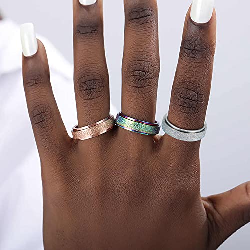 Spinner Ring for Women Anxiety Relief - 3Pcs Fashion 6MM Stainless Steel Sand Blast Glitter Finish Rose Gold Silver Rainbow Color Fidget Ring Band Set Stress Sensory Figit Spin Figet Jewelry Size 5