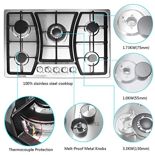 Gas Cooktop 30 inches 5 Burners Gas Stove gas hob stovetop Stainless Steel Cooktop 5 Sealed Burners Cast Iron Grates Built-in Gas Stove Top LPG/NG Gas Cooktop Thermocouple Protection and Easy to Clean