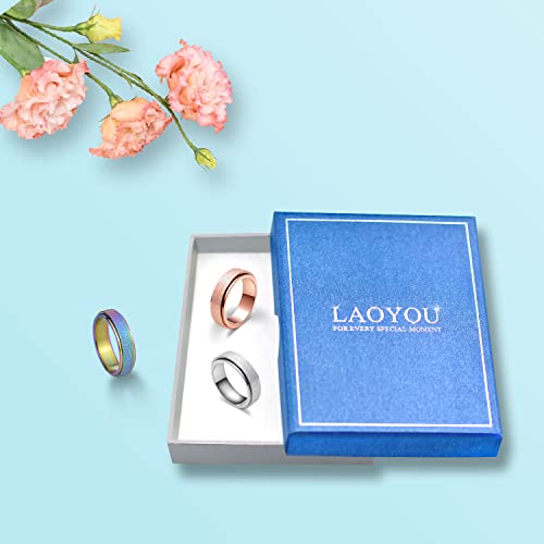 Spinner Ring for Women Anxiety Relief - 3Pcs Fashion 6MM Stainless Steel Sand Blast Glitter Finish Rose Gold Silver Rainbow Color Fidget Ring Band Set Stress Sensory Figit Spin Figet Jewelry Size 5