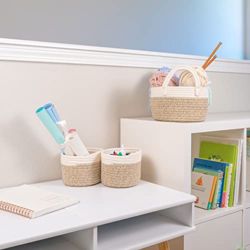 OrganiHaus Set of 3 Mini Woven Cotton Rope Nursery Baskets with Handles, Decorative Baby Room Cute Rustic Basket Storage Organizer Bin for Toys, Diapers, Crafts, Clothes, Laundry - Brown