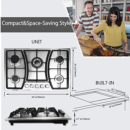 Gas Cooktop 30 inches 5 Burners Gas Stove gas hob stovetop Stainless Steel Cooktop 5 Sealed Burners Cast Iron Grates Built-in Gas Stove Top LPG/NG Gas Cooktop Thermocouple Protection and Easy to Clean