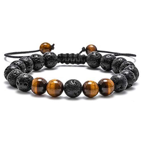M MOOHAM Natural Bead Bracelet, 8mm Gem Semi Precious Gemstone Round Bead Black Lava Rock and Tiger Eye Beads Bracelet, Men Women Stress Relief Yoga Beads Adjustable Bracelet Energy Stone Bracelet