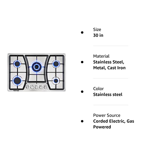 Gas Cooktop 30 inches 5 Burners Gas Stove gas hob stovetop Stainless Steel Cooktop 5 Sealed Burners Cast Iron Grates Built-in Gas Stove Top LPG/NG Gas Cooktop Thermocouple Protection and Easy to Clean