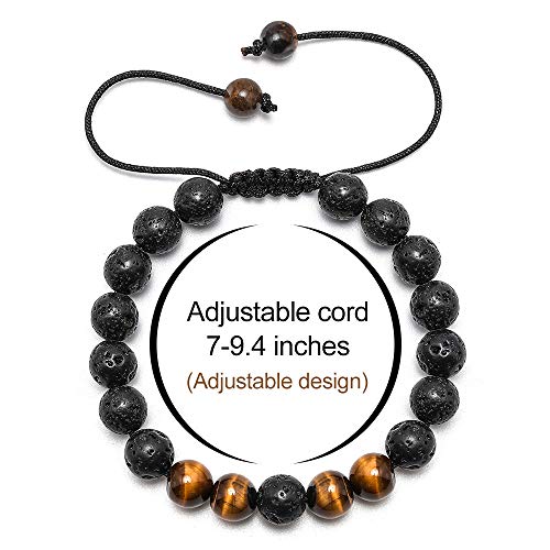 M MOOHAM Natural Bead Bracelet, 8mm Gem Semi Precious Gemstone Round Bead Black Lava Rock and Tiger Eye Beads Bracelet, Men Women Stress Relief Yoga Beads Adjustable Bracelet Energy Stone Bracelet