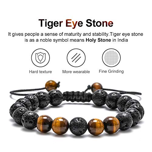 M MOOHAM Natural Bead Bracelet, 8mm Gem Semi Precious Gemstone Round Bead Black Lava Rock and Tiger Eye Beads Bracelet, Men Women Stress Relief Yoga Beads Adjustable Bracelet Energy Stone Bracelet