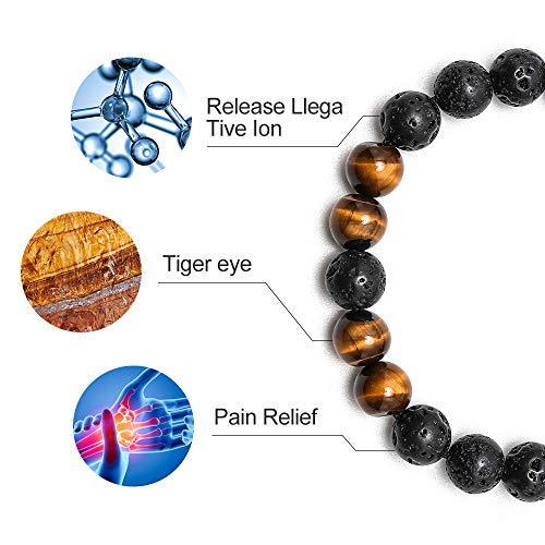 M MOOHAM Natural Bead Bracelet, 8mm Gem Semi Precious Gemstone Round Bead Black Lava Rock and Tiger Eye Beads Bracelet, Men Women Stress Relief Yoga Beads Adjustable Bracelet Energy Stone Bracelet