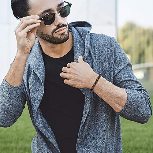 M MOOHAM Natural Bead Bracelet, 8mm Gem Semi Precious Gemstone Round Bead Black Lava Rock and Tiger Eye Beads Bracelet, Men Women Stress Relief Yoga Beads Adjustable Bracelet Energy Stone Bracelet