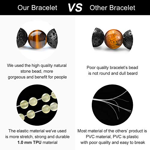 M MOOHAM Natural Bead Bracelet, 8mm Gem Semi Precious Gemstone Round Bead Black Lava Rock and Tiger Eye Beads Bracelet, Men Women Stress Relief Yoga Beads Adjustable Bracelet Energy Stone Bracelet