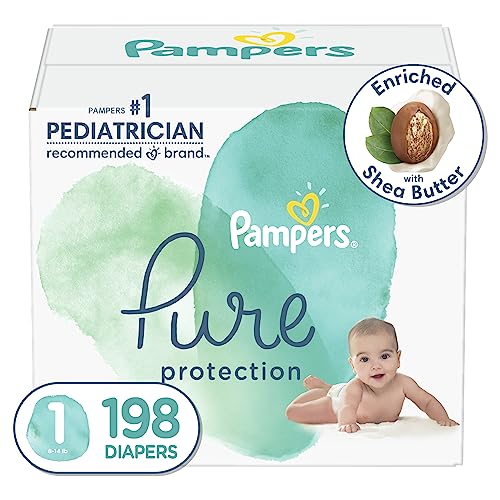 Diapers Size 1, 198 Count - Pampers Pure Protection Disposable Baby Diapers, Hypoallergenic and Unscented Protection, ONE Month Supply