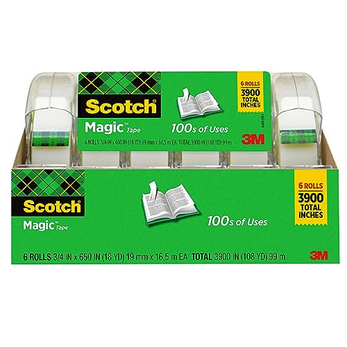Scotch Magic Tape, 6 Rolls with Dispensers, Numerous Applications, Invisible, Engineered for Repairing, 3/4 x 650 Inches (6122) (6 Pack)