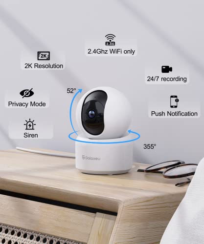 Indoor Security Camera 2K, Galayou Pet Camera, 360 Degree WiFi Home Security Camera for Baby/Dog/Elder/Nanny with Night Vision, Siren, 24/7 SD Card Storage, Works with Alexa and Google Assistant