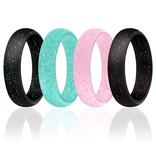 ROQ Silicone Wedding Ring for Women, Set of 4 Silicone Rubber Wedding Bands - Black with Glitter Sparkle Pink, Glitter Teal Turquoise, Glitter Pink - Size 4