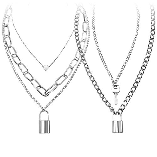 Lock Chain Necklace, Egirl Chains, Statement Lock Key Pendant Necklace Silver Set Eboy Long Multilayer Chains Punk Choker 2 Set(5 layer)