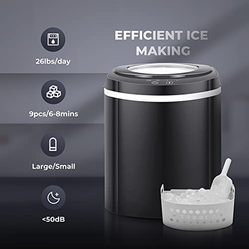 TRUSTECH Ice Maker Portable Ice Machine Countertop, 9 Ice Cubes Ready in 6 Mins, 26 lbs in Ice 24 Hrs & 2 Size (S/L), Ice Machine for Home Camp Party (Semi-Auto Cleaning, Ice Scoop & 1.5 lb Basket)