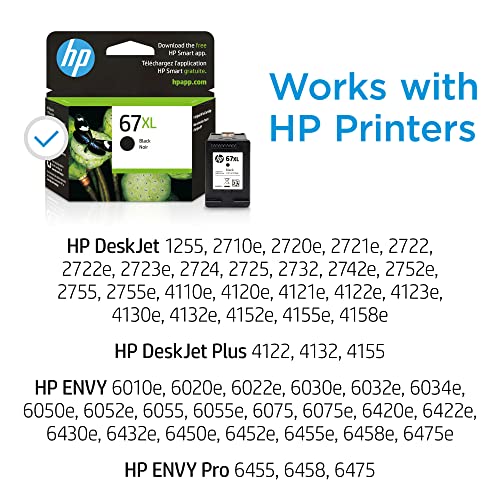 Original HP 67XL Black High-yield Ink Cartridge | Works with HP DeskJet 1255, 2700, 4100 Series, HP ENVY 6000, 6400 Series | Eligible for Instant Ink | 3YM57AN