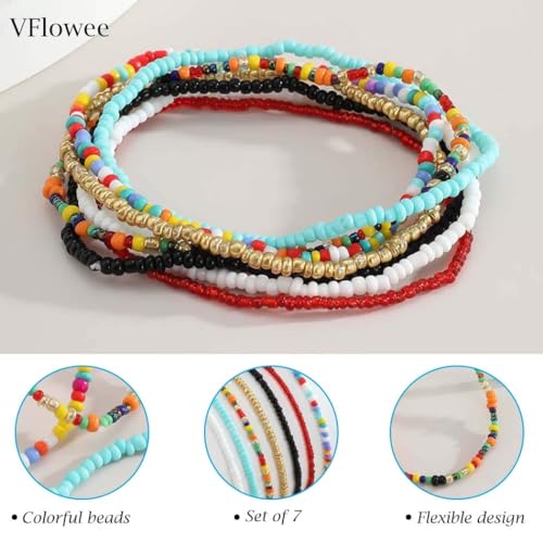 VFlowee Boho Handmade Beads African Anklets Colorful Women Stretch Ankle Bracelets Beaded Bracelet Elastic Foot and Hand Chain Jewelry (7PCS)
