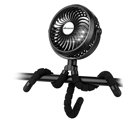Amacool Battery Operated Stroller Fan Flexible Tripod Clip On Fan with 3 Speeds and Rotatable Handheld Personal Fan for Car Seat Crib Bike Treadmill (Black)