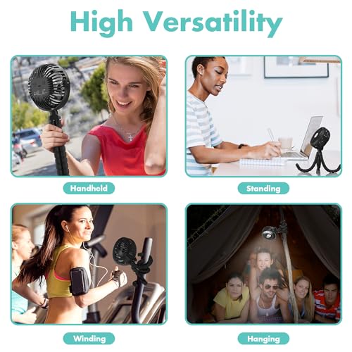 Amacool Battery Operated Stroller Fan Flexible Tripod Clip On Fan with 3 Speeds and Rotatable Handheld Personal Fan for Car Seat Crib Bike Treadmill (Black)