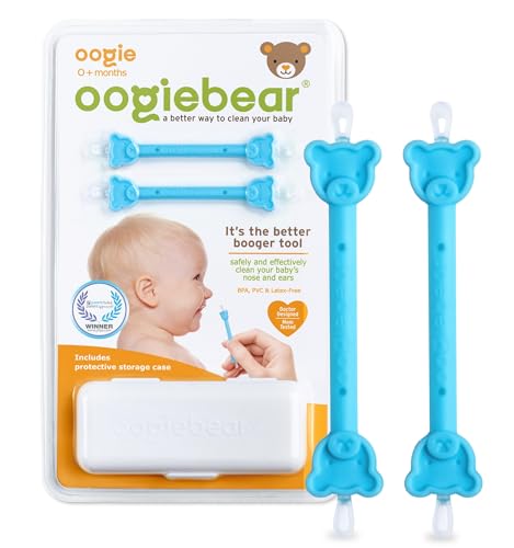oogiebear - The Safe Baby Nasal Booger and Ear Cleaner - Baby Shower Registry Essential | Easy Baby Nose Cleaner Gadget for Infants and Toddlers | Dual Earwax and Snot Removal, Blue Two Pack