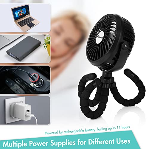 Amacool Battery Operated Stroller Fan Flexible Tripod Clip On Fan with 3 Speeds and Rotatable Handheld Personal Fan for Car Seat Crib Bike Treadmill (Black)