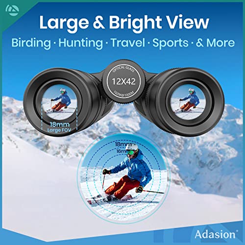 12x42 Binoculars for Adults with New Smartphone Photograph Adapter - 18mm Large View Eyepiece - 16.5mm Super Bright BAK4 Prism FMC Lens - Binoculars for Birds Watching Hunting - Waterproof (1.25 lbs)