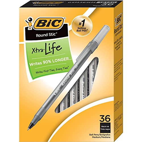 BIC Round Stic Xtra Life Ballpoint Pen, Medium Point (1.0mm), Black, 36-Count