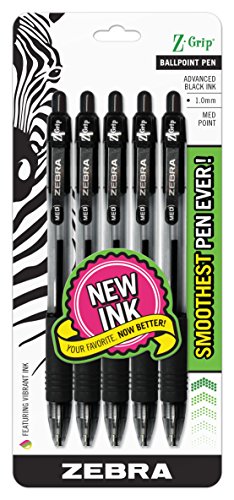Zebra Pen Z-Grip Retractable Ballpoint Pen, Medium Point, 1.0mm, Black Ink - 5 Pieces