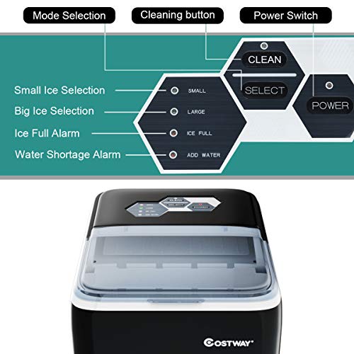 COSTWAY Ice Maker Countertop with Self-clean Function, Make 44 Lbs Ice in 24 Hours, Ice Cubes Ready in 8.5 Mins, Ideal for Bar Home and Office, Portable Ice Machine with Ice Scoop and Basket, Black